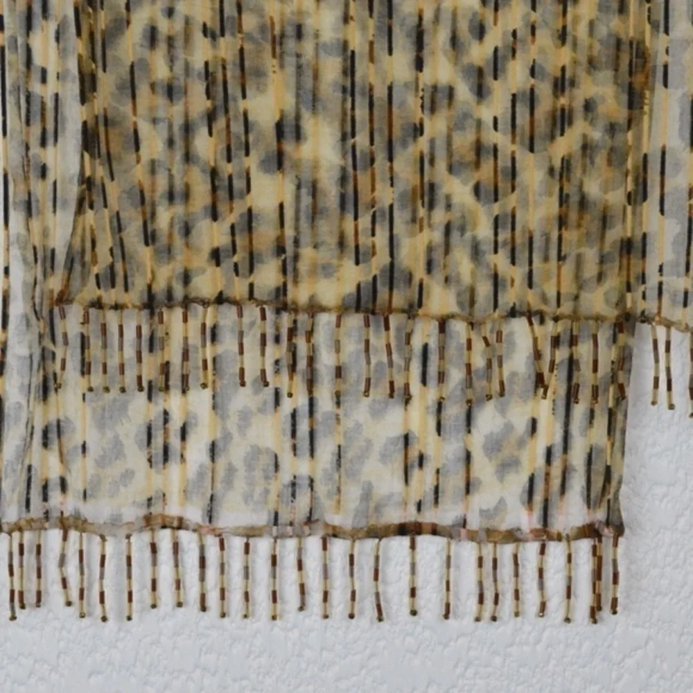 Delicate‎ Sheer Leopard Print Subtle Stripe Beaded Fringe Neck Scarf